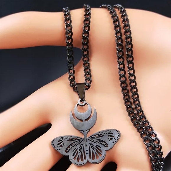 Goth Moth Crescent Moon Necklace - Picture 2 of 2